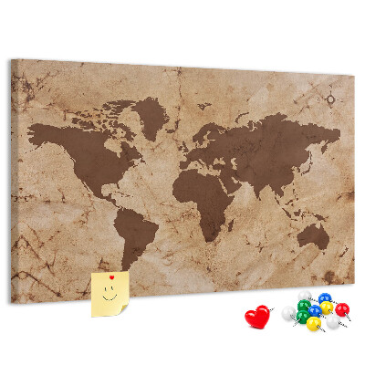 Prikbord met een kaart van de oude wereld op een bruine achtergrond