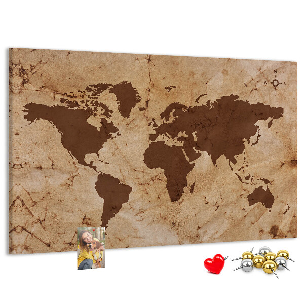 Prikbord met een kaart van de oude wereld op een bruine achtergrond