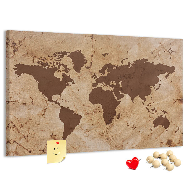 Prikbord met een kaart van de oude wereld op een bruine achtergrond