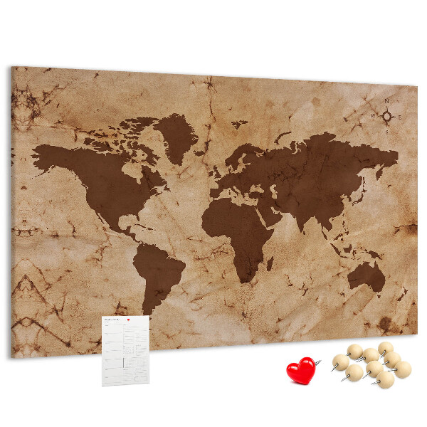 Prikbord met een kaart van de oude wereld op een bruine achtergrond