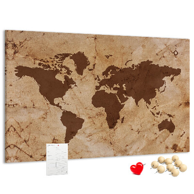 Prikbord met een kaart van de oude wereld op een bruine achtergrond