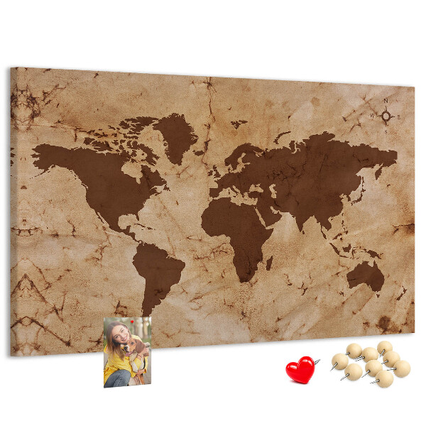 Prikbord met een kaart van de oude wereld op een bruine achtergrond
