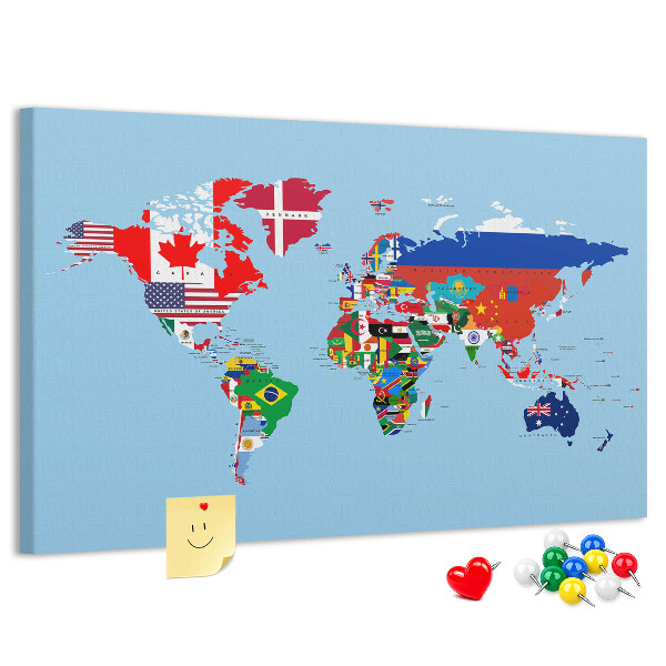 Kurkbord wereldkaart met landvlaggen