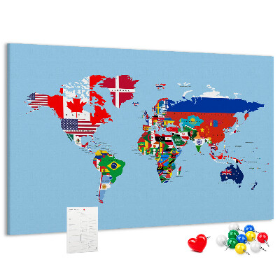 Kurkbord wereldkaart met landvlaggen
