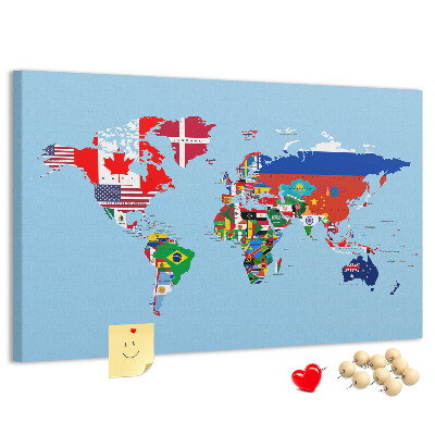 Kurkbord wereldkaart met landvlaggen