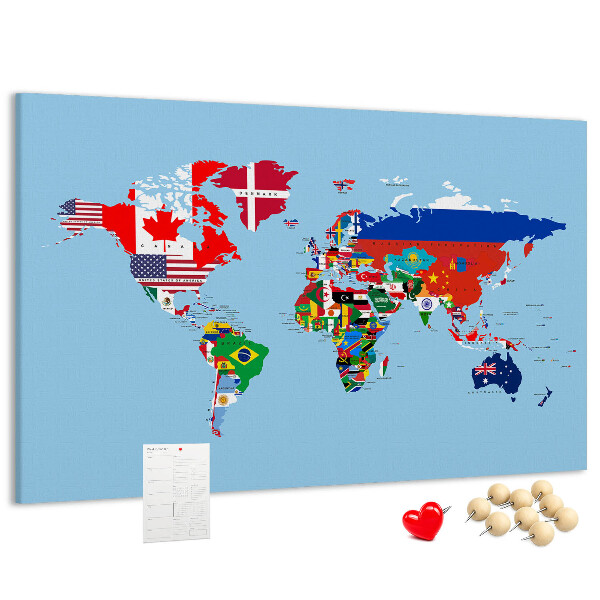 Kurkbord wereldkaart met landvlaggen