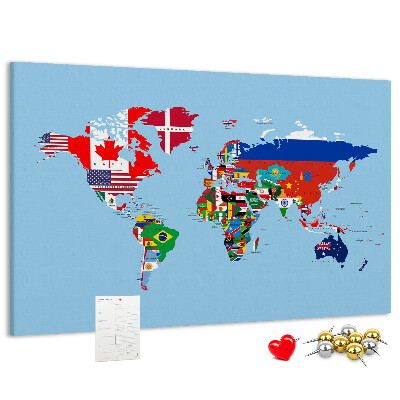 Kurkbord wereldkaart met landvlaggen