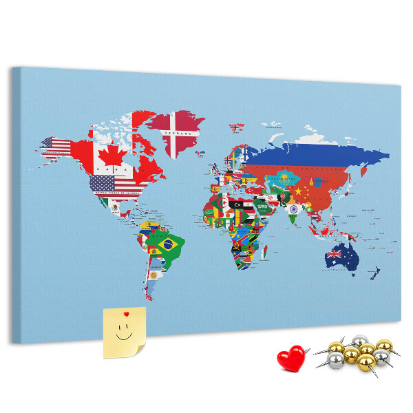 Kurkbord wereldkaart met landvlaggen