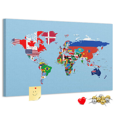 Kurkbord wereldkaart met landvlaggen