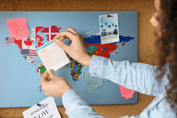 Kurkbord wereldkaart met landvlaggen