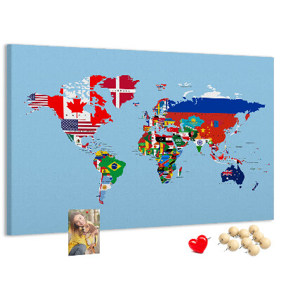 Kurkbord wereldkaart met landvlaggen