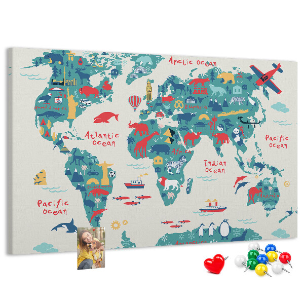 Prikbord kleurrijke wereldkaart met dierenpictogrammen