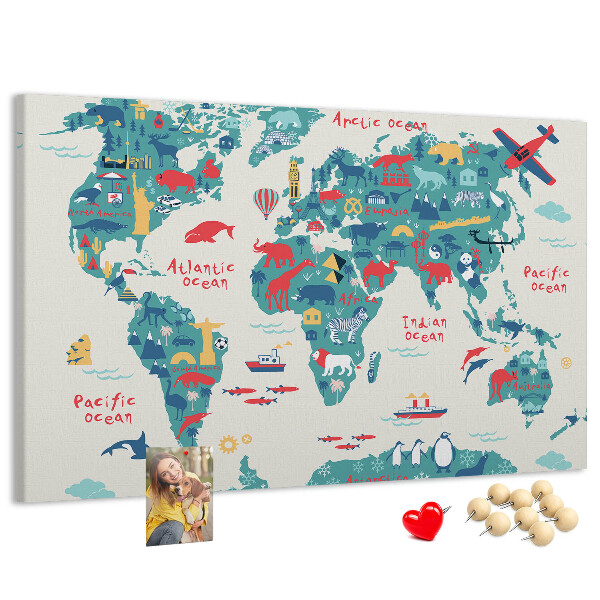 Prikbord kleurrijke wereldkaart met dierenpictogrammen