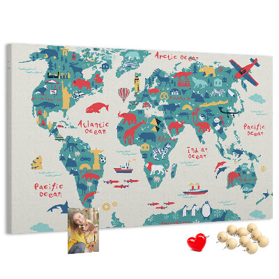Prikbord kleurrijke wereldkaart met dierenpictogrammen