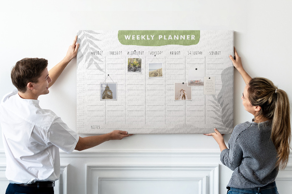 Weekplanner met een plantenmotief en prikbord