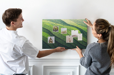Kurken prikbord met een patroon van groene golven en aardse texturen