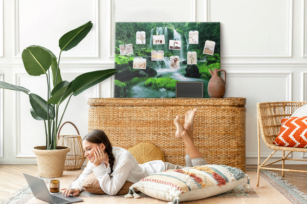 Prikbord met een groene waterval in een weelderige jungle