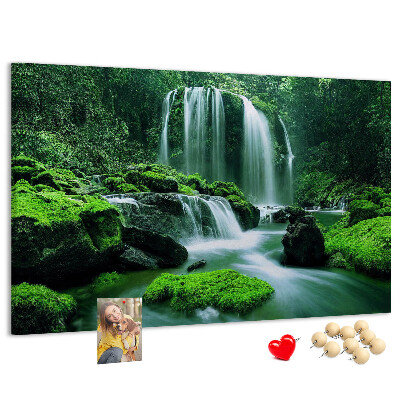 Prikbord met een groene waterval in een weelderige jungle