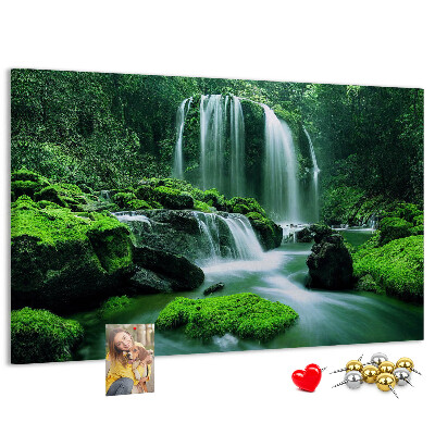 Prikbord met een groene waterval in een weelderige jungle
