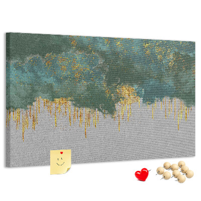 Prikbord met gouden druppels op een blauwe wolkenachtergrond