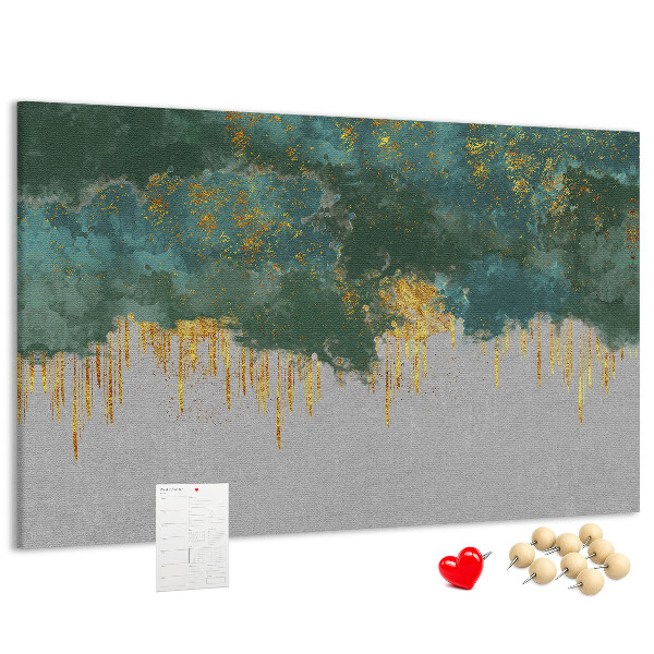 Prikbord met gouden druppels op een blauwe wolkenachtergrond