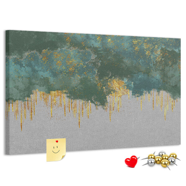 Prikbord met gouden druppels op een blauwe wolkenachtergrond
