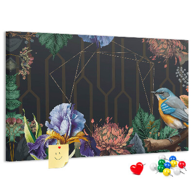 Kurken prikbord met bloemenpatroon en een kleurrijke vogel