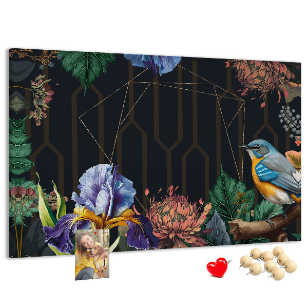 Kurken prikbord met bloemenpatroon en een kleurrijke vogel