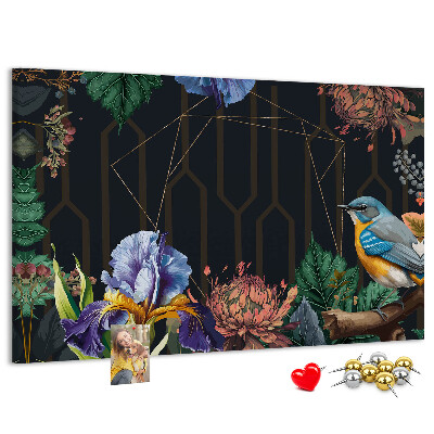 Kurken prikbord met bloemenpatroon en een kleurrijke vogel