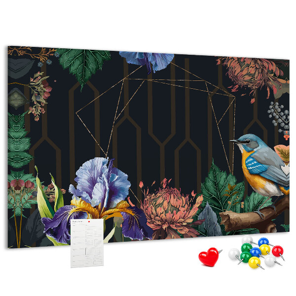 Kurken prikbord met bloemenpatroon en een kleurrijke vogel