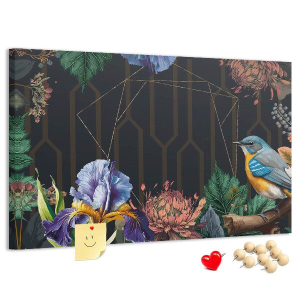 Kurken prikbord met bloemenpatroon en een kleurrijke vogel