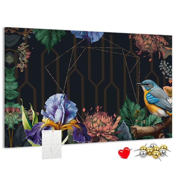 Kurken prikbord met bloemenpatroon en een kleurrijke vogel