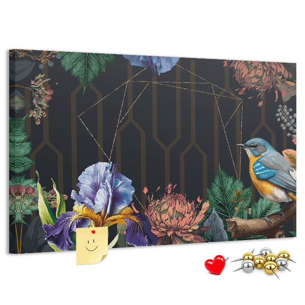 Kurken prikbord met bloemenpatroon en een kleurrijke vogel