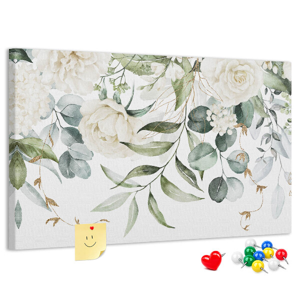 Prikbord met bloemmotieven en groene bladeren