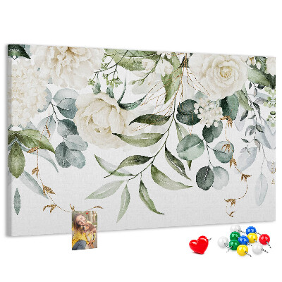 Prikbord met bloemmotieven en groene bladeren