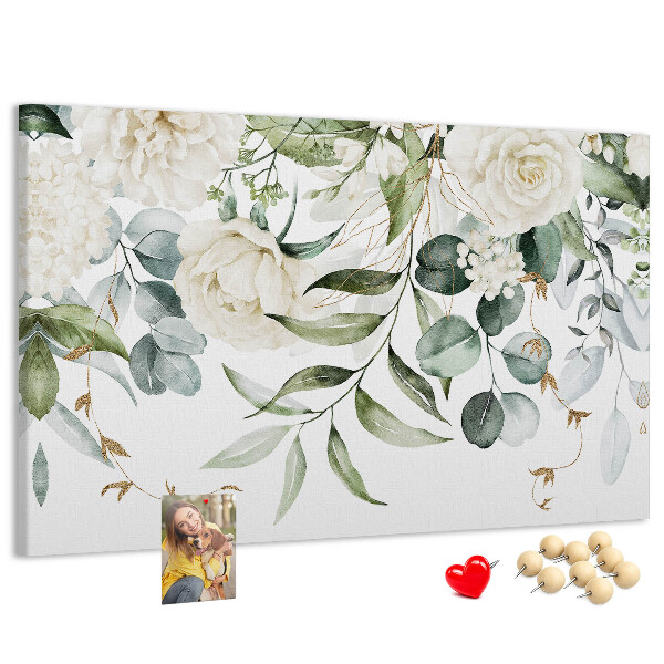 Prikbord met bloemmotieven en groene bladeren
