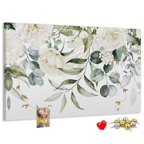 Prikbord met bloemmotieven en groene bladeren