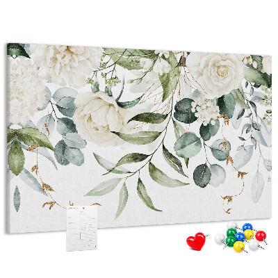 Prikbord met bloemmotieven en groene bladeren