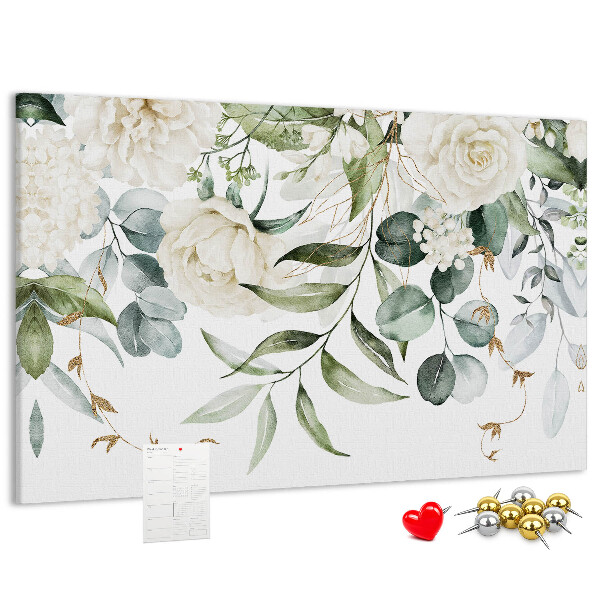 Prikbord met bloemmotieven en groene bladeren