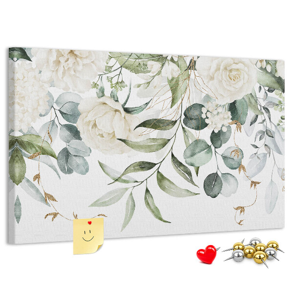 Prikbord met bloemmotieven en groene bladeren
