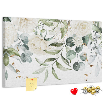 Prikbord met bloemmotieven en groene bladeren