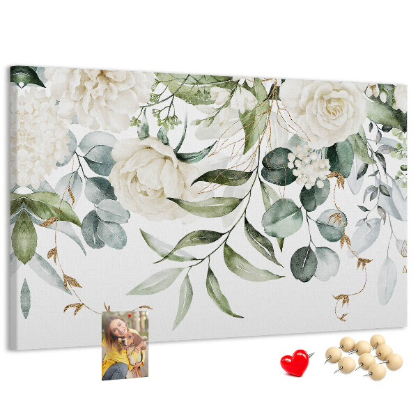 Prikbord met bloemmotieven en groene bladeren