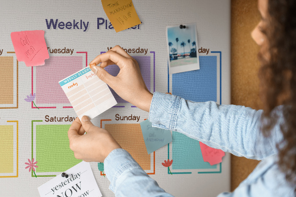 Weekkalender met bloemenaccenten en prikbord