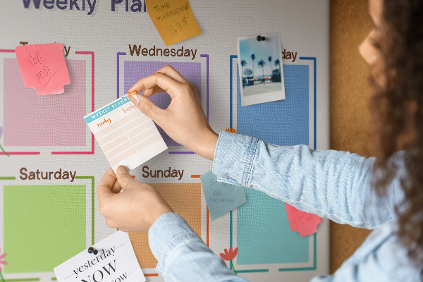 Weekkalender met bloemenaccenten en prikbord