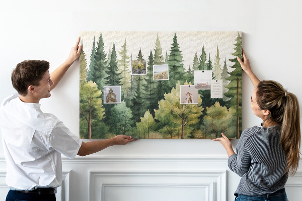 Prikbord met afbeelding van boslandschap met groene bomen