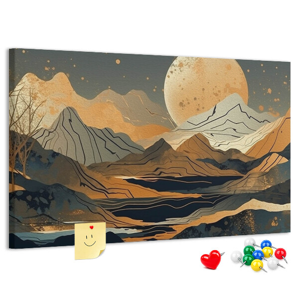 Prikbord met een afbeelding van een berglandschap bij maanlicht