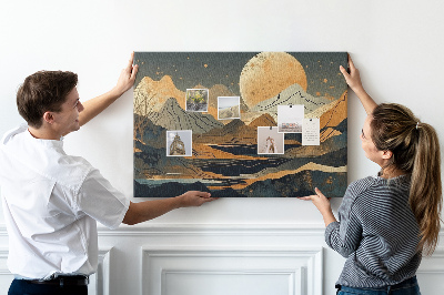 Prikbord met een afbeelding van een berglandschap bij maanlicht