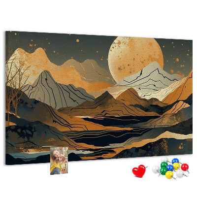 Prikbord met een afbeelding van een berglandschap bij maanlicht