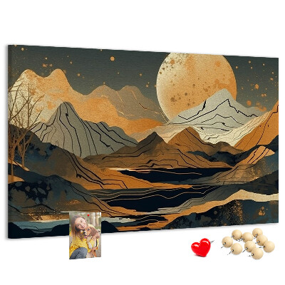 Prikbord met een afbeelding van een berglandschap bij maanlicht