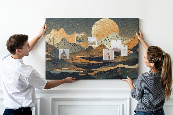 Prikbord met een afbeelding van een berglandschap bij maanlicht